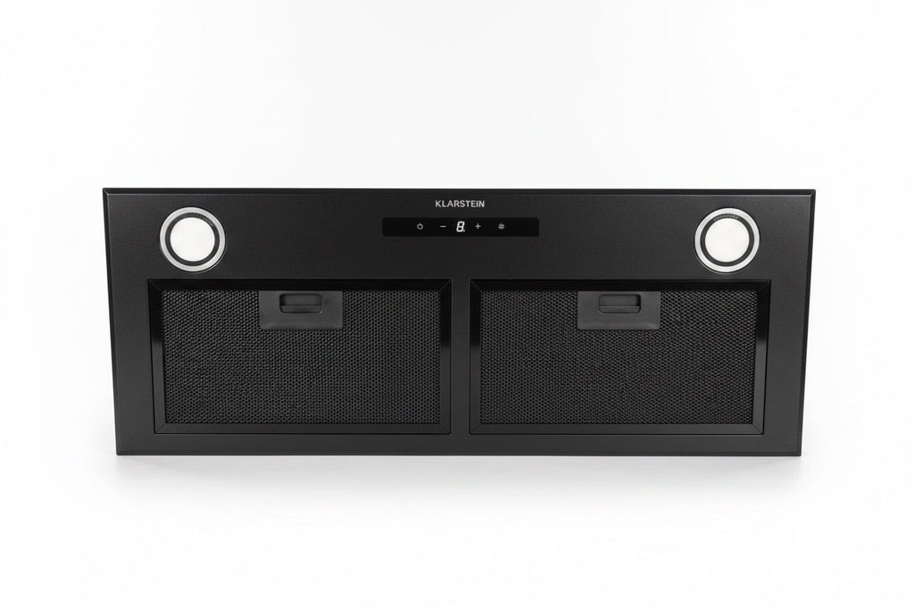 Klarstein Paolo 72 black face — underside stock photo showing filters, LED lights and touch controls