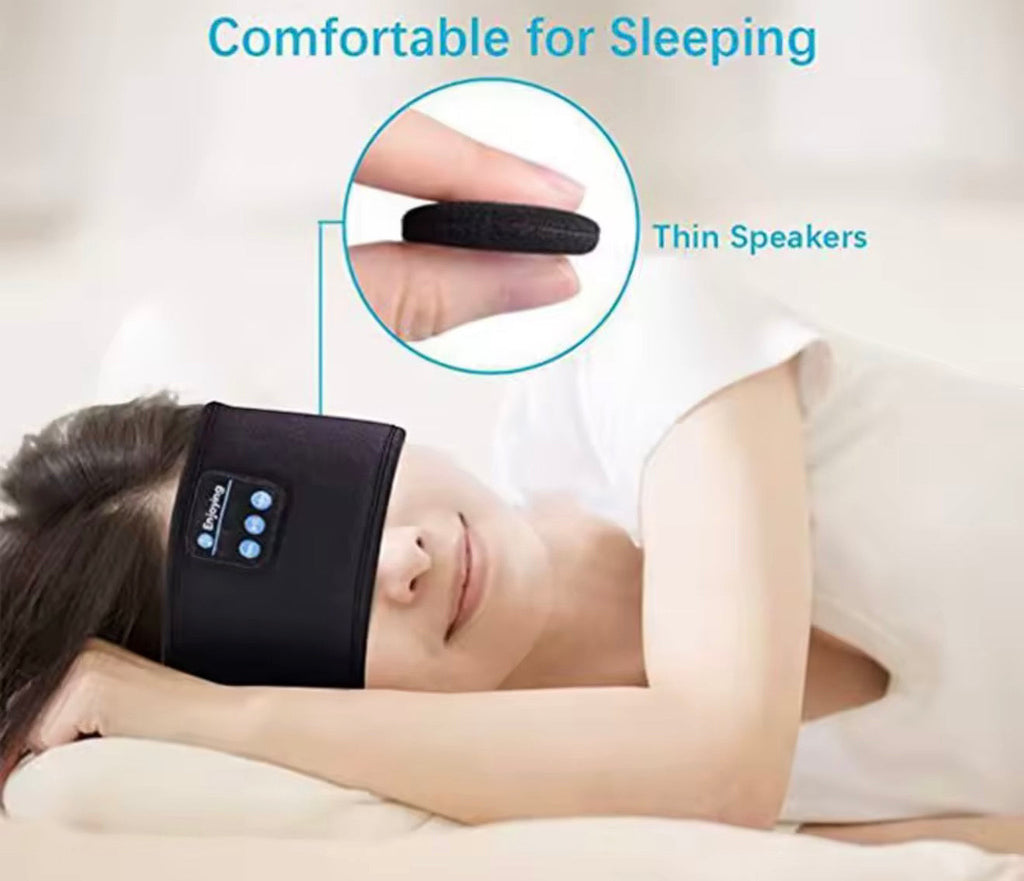 Marketplace239 LLC black Bluetooth sleep headband with ultra-thin speakers worn by a woman resting on a pillow