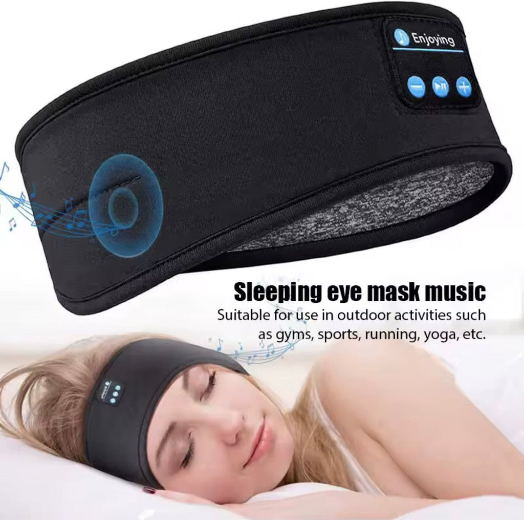 Marketplace239 LLC black Bluetooth sleep headband with integrated speakers worn by a woman sleeping comfortably