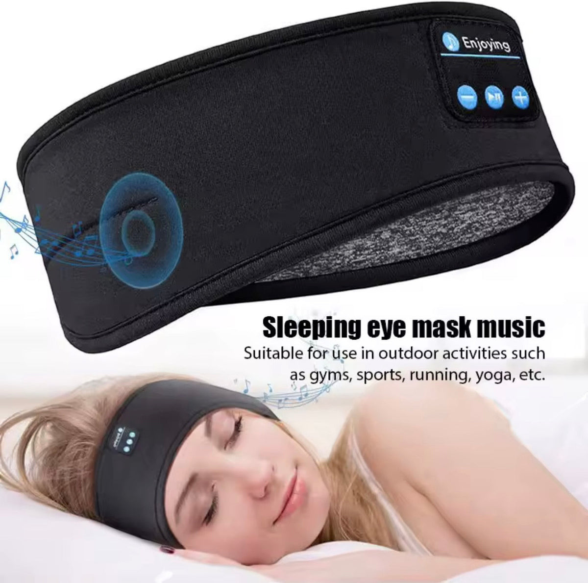 Marketplace239 LLC black Bluetooth sleep headband with integrated speakers worn by a woman sleeping comfortably