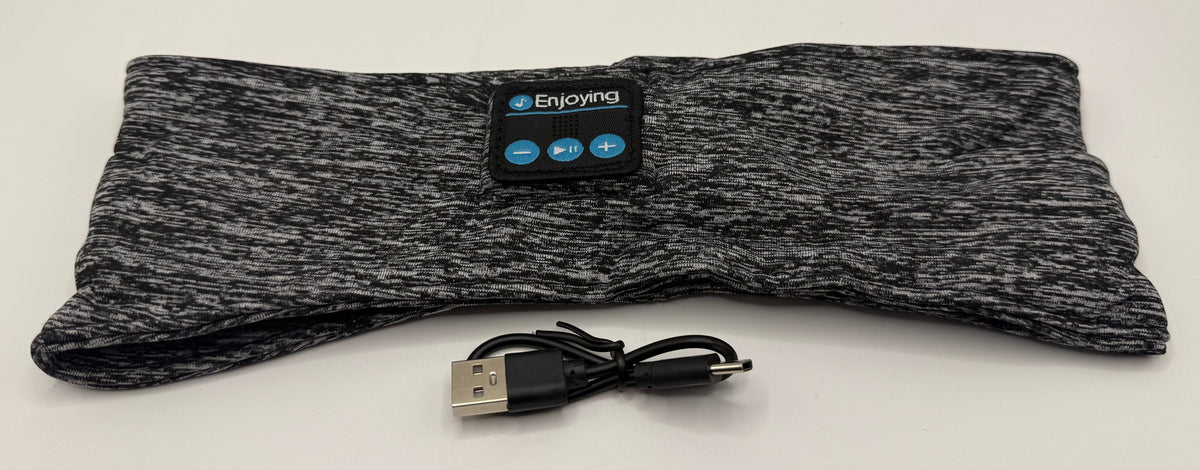 Marketplace239 LLC grey heathered Bluetooth sleep headband with integrated speakers and USB charging cable