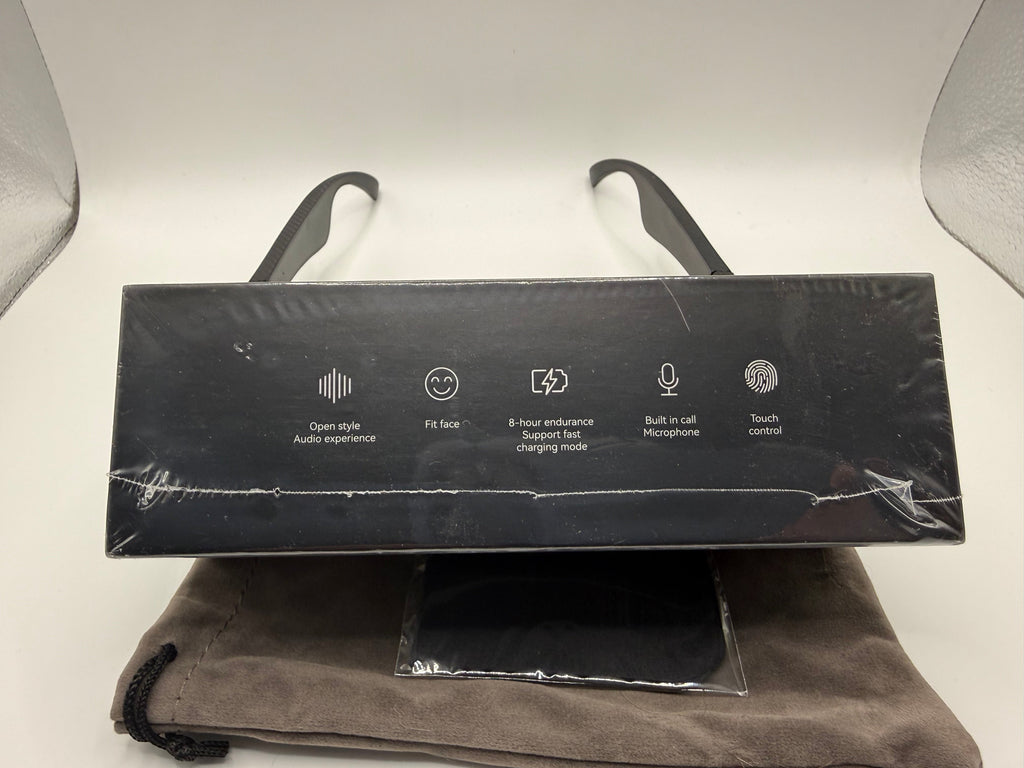 Marketplace239 LLC CHIMES AI smart audio glasses packaging showing feature icons for open-ear sound and touch controls.