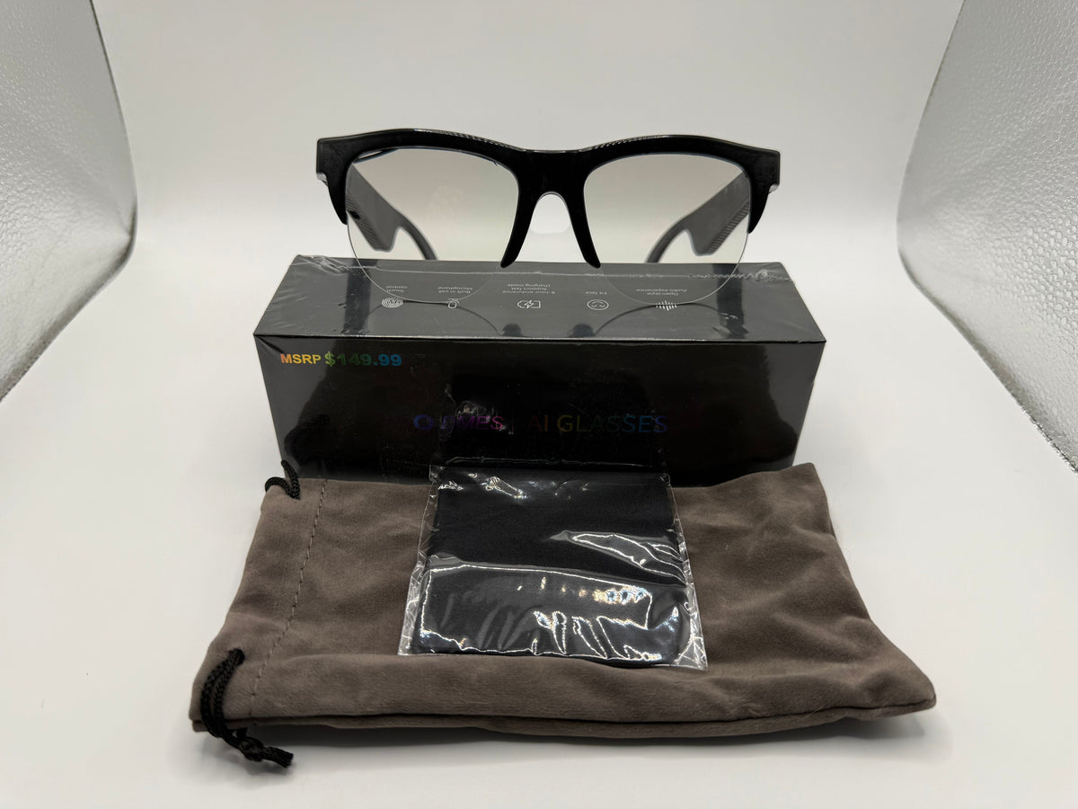 Marketplace239 LLC CHIMES AI smart audio glasses with black frames, protective pouch, and cleaning cloth in box
