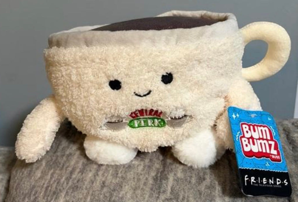 Marketplace239 LLC Friends BumBumz plush toy shaped like a cream-colored Central Perk coffee cup with embroidered logo