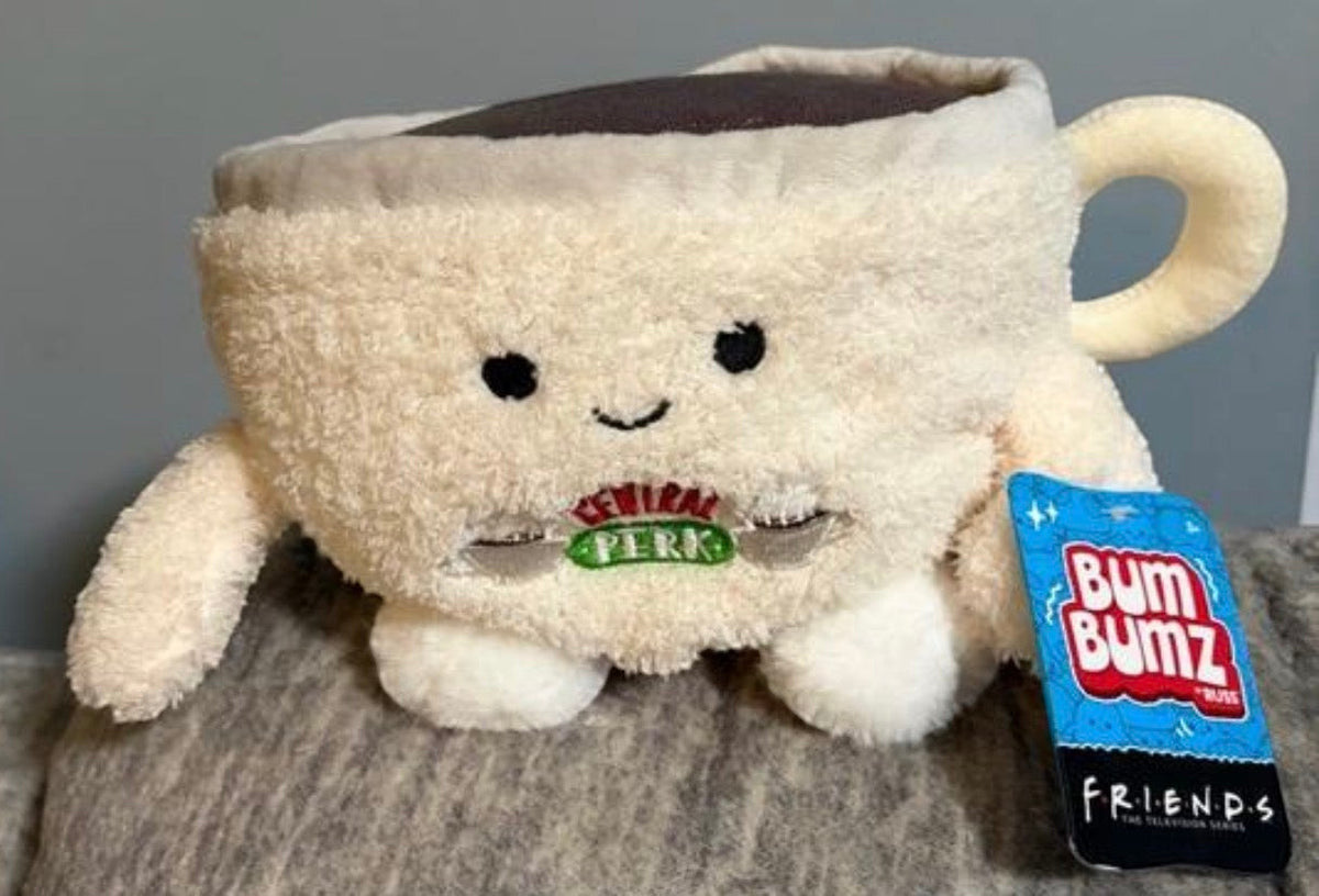 Marketplace239 LLC Friends BumBumz plush toy shaped like a cream-colored Central Perk coffee cup with embroidered logo