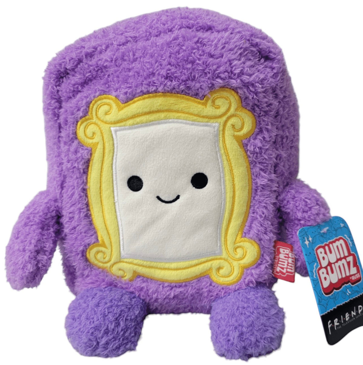 Marketplace239 LLC Friends TV show BumBumz plush toy featuring the iconic yellow peephole frame on purple fabric