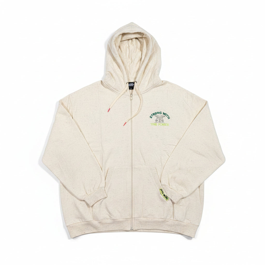 Disney Star Wars Grogu cream speckled full-zip hoodie - front view on a white background