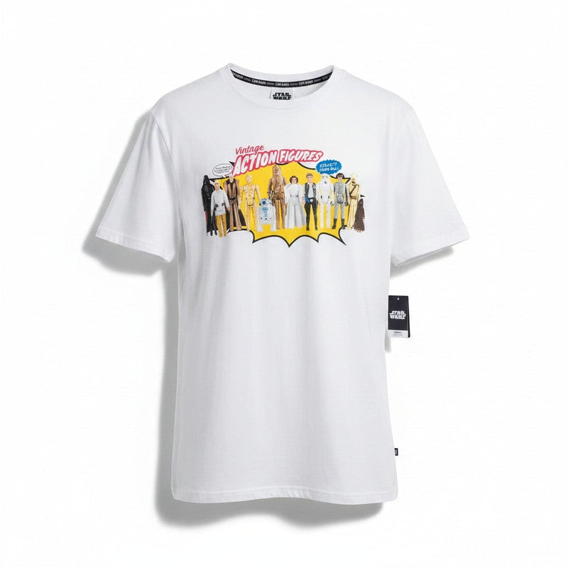 Marketplace239 LLC white crewneck t-shirt featuring a vintage Star Wars action figure graphic print on the chest.