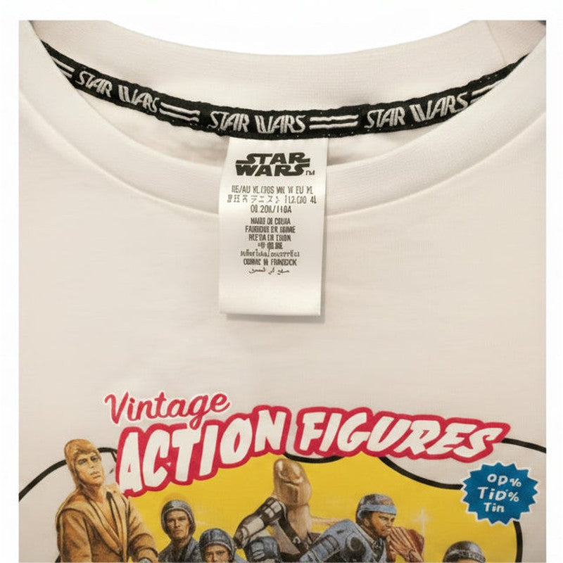 Marketplace239 LLC white Star Wars graphic t-shirt featuring a branded interior collar and vintage action figure print.