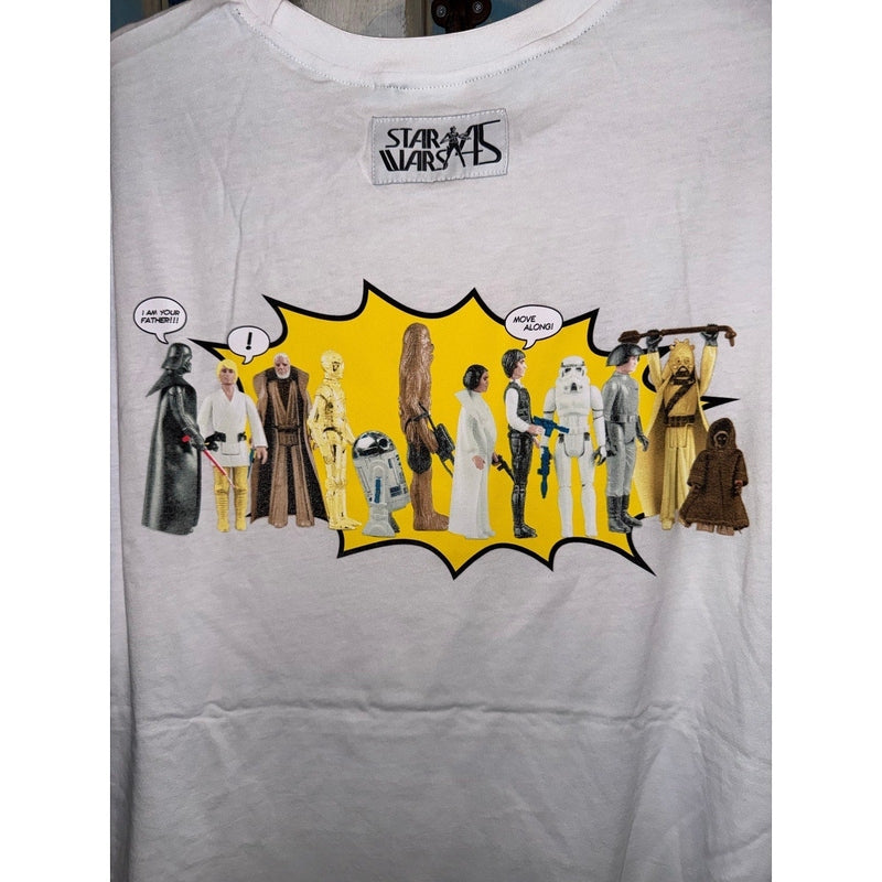 Marketplace239 LLC white crewneck t-shirt featuring a vintage Star Wars action figure graphic print