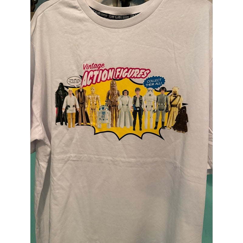 Marketplace239 LLC white crewneck t-shirt featuring a vintage Star Wars action figure graphic print.