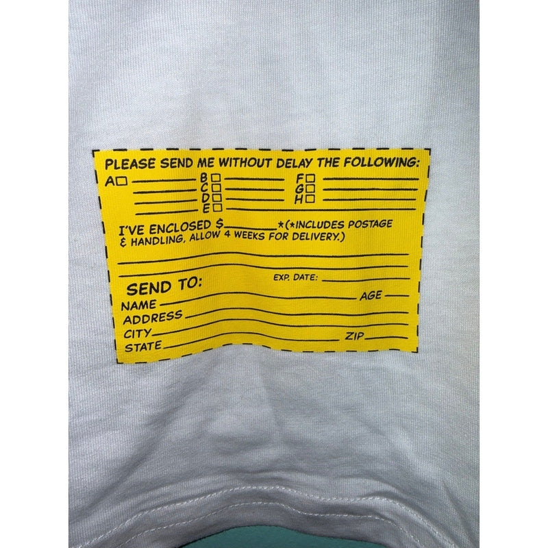 Marketplace239 LLC white crewneck t-shirt featuring a yellow vintage Star Wars mail-in order form graphic print