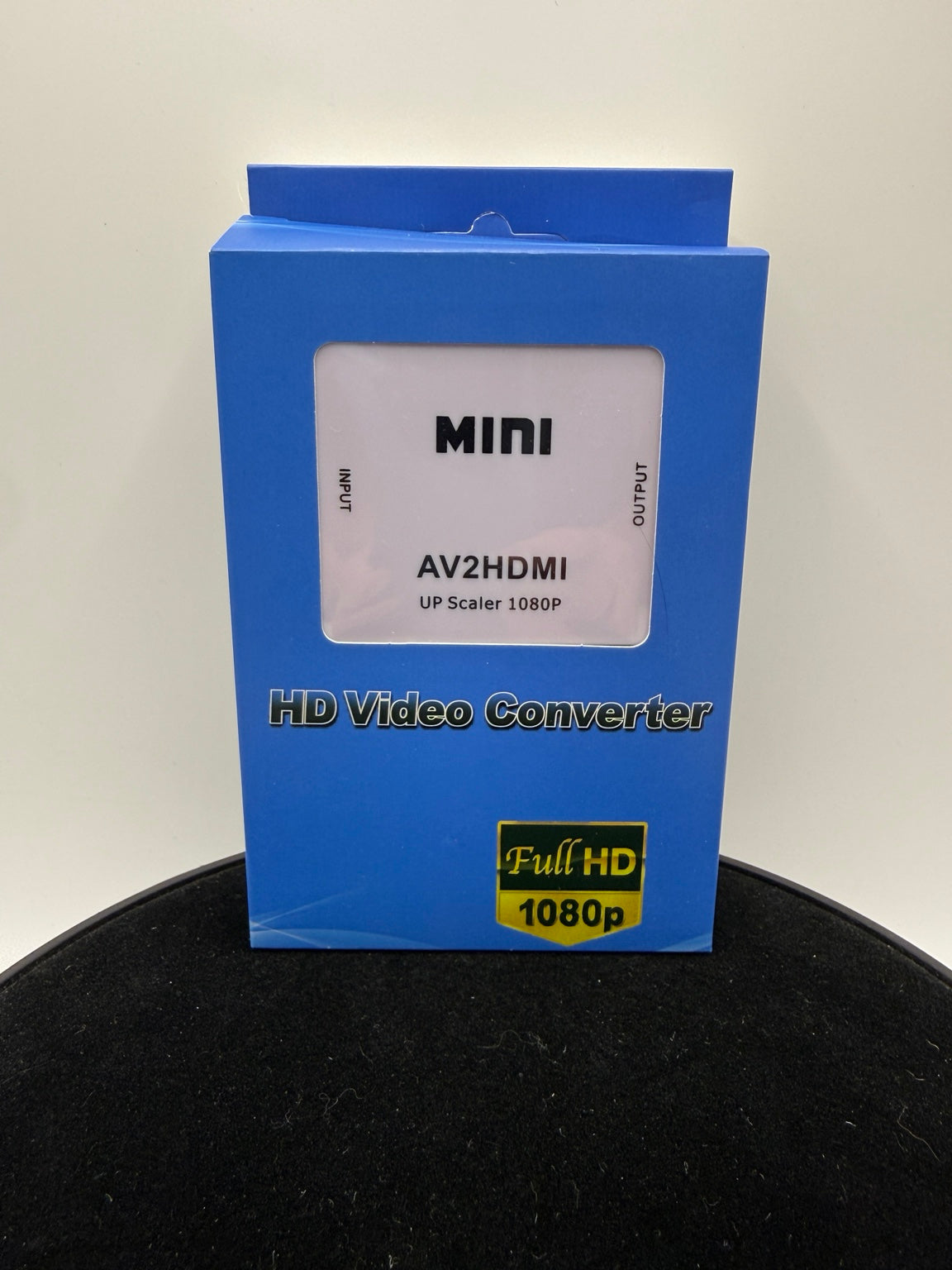White Mini AV2HDMI 1080p converter in blue retail box