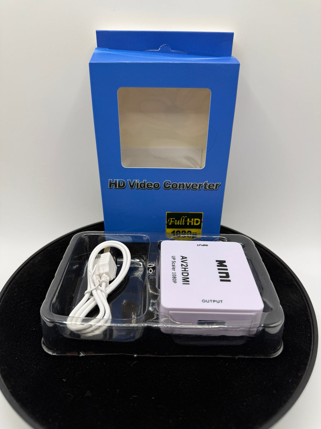 White Mini AV2HDMI 1080p converter with USB power cable and retail box