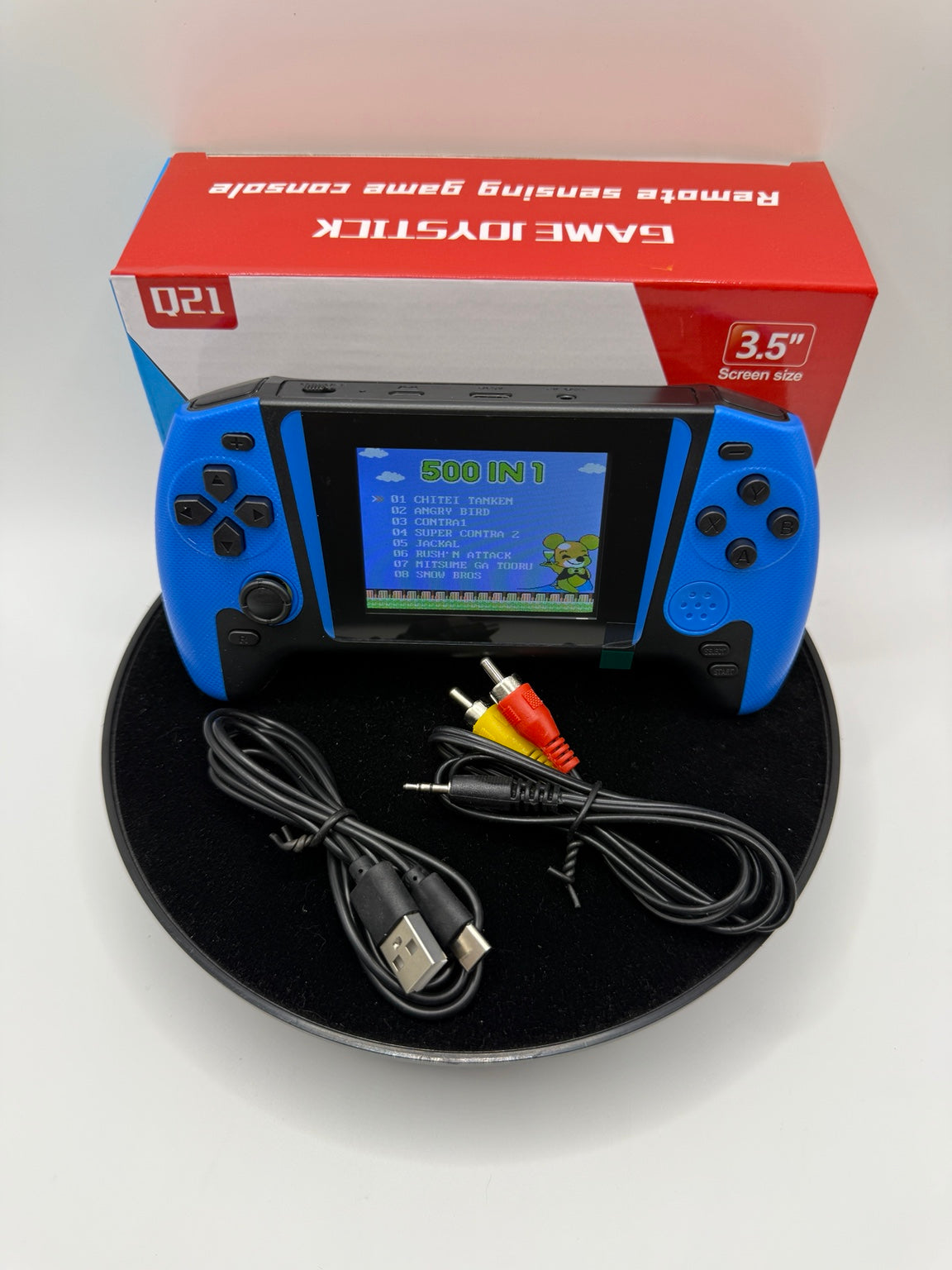 Blue Q21 500-in-1 single-player handheld game console with USB cable, AV cable and box
