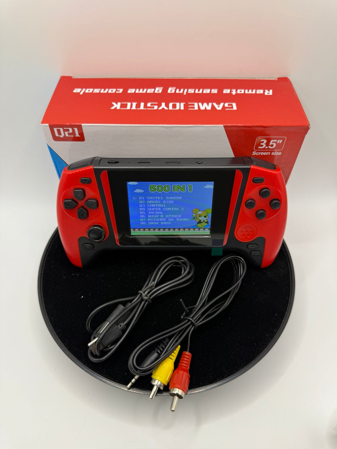 Red Q21 500-in-1 single-player handheld game console with USB cable, AV cable and box