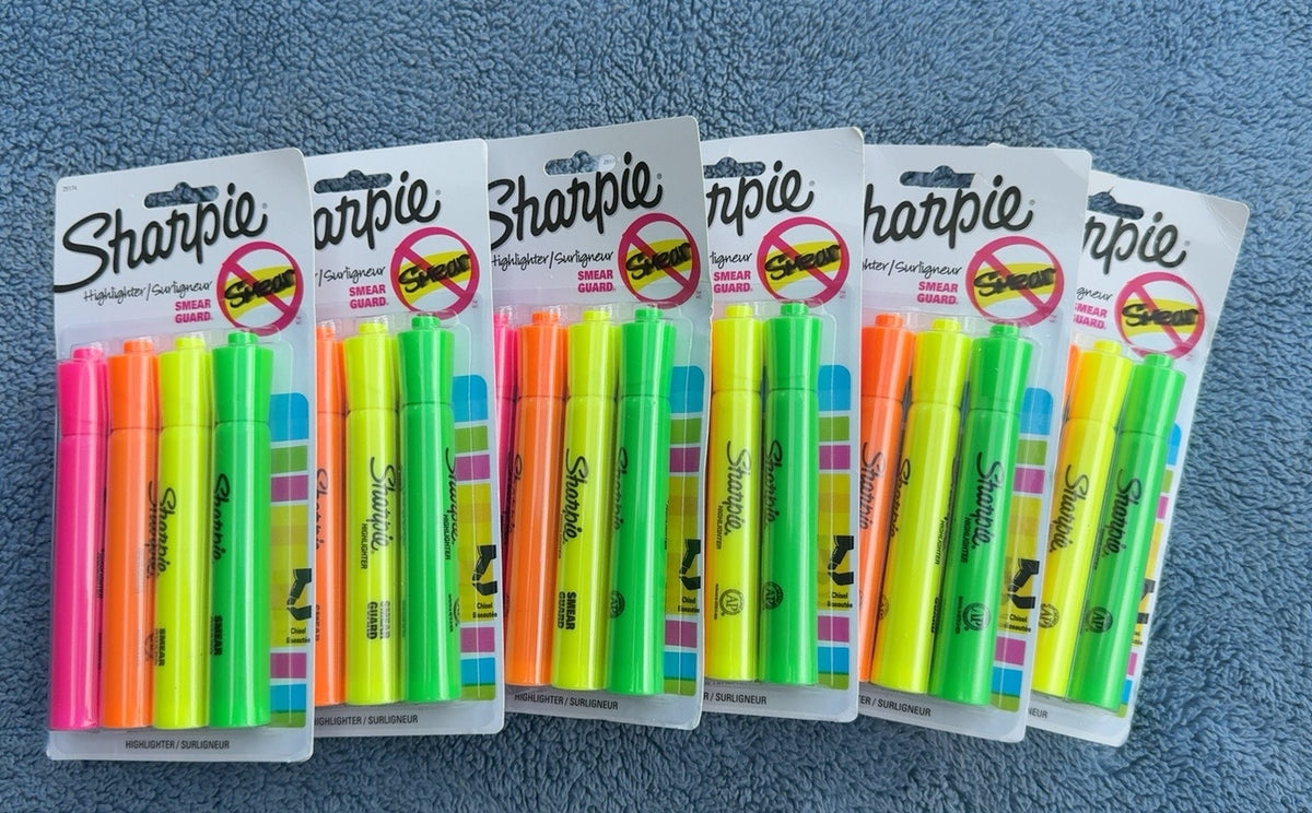 Six sealed Sharpie Smear Guard 4-packs, 24 fluorescent highlighters total