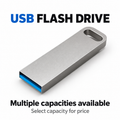 Silver USB flash drive for file storage and transfer; see product title for capacity